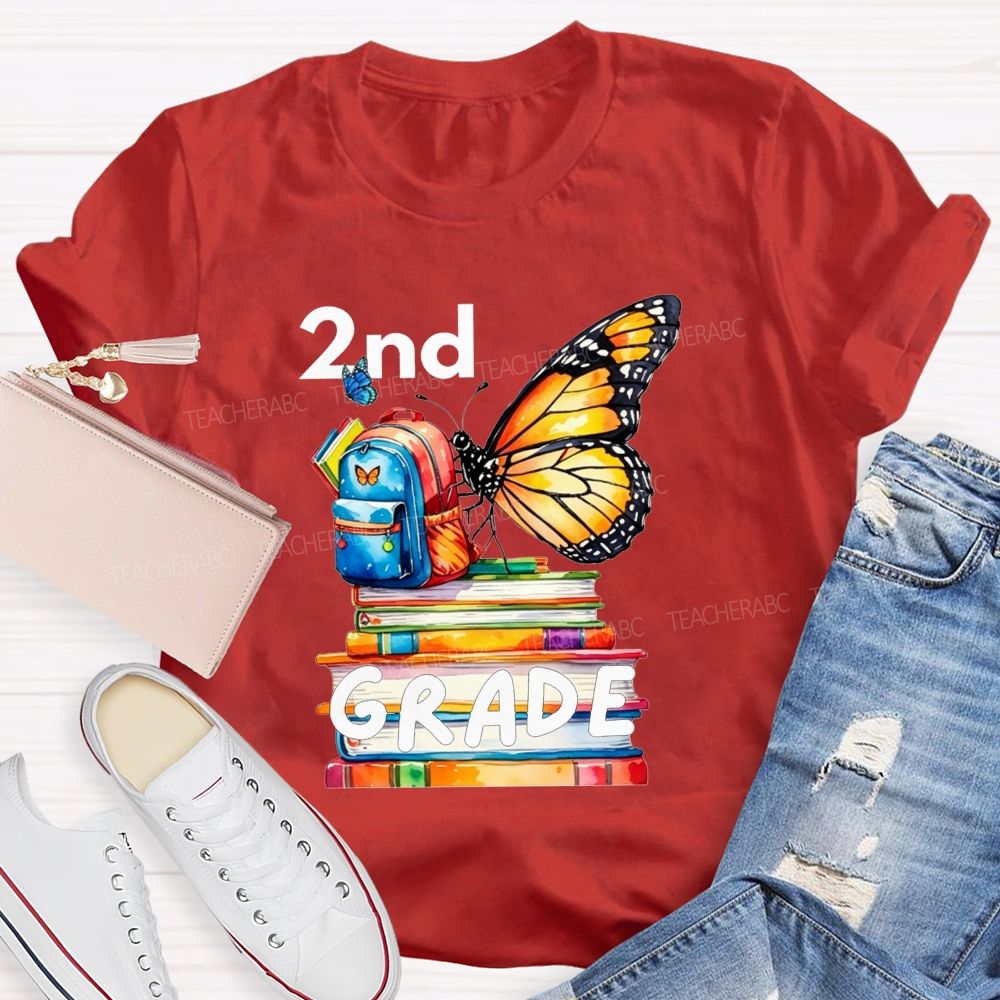 Personalized Grade Growing Into Second Grade Butterfly Vibes Teacher T-shirt