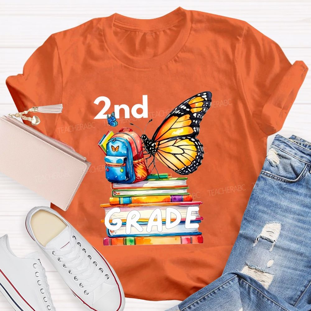 Personalized Grade Growing Into Second Grade Butterfly Vibes Teacher T-shirt