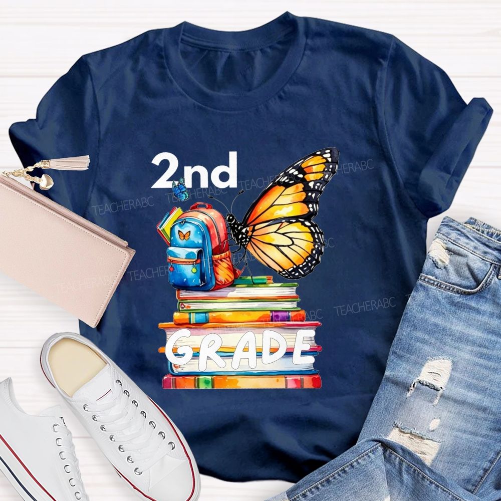 Personalized Grade Growing Into Second Grade Butterfly Vibes Teacher T-shirt