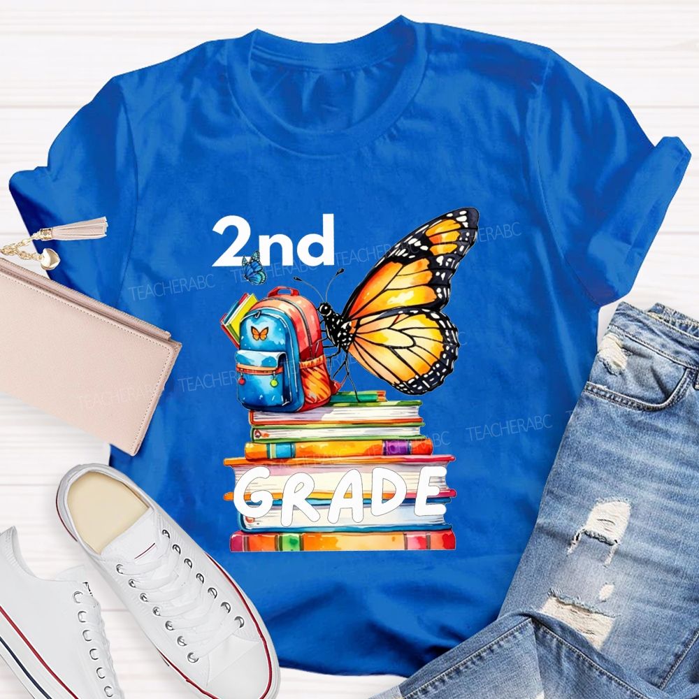 Personalized Grade Growing Into Second Grade Butterfly Vibes Teacher T-shirt