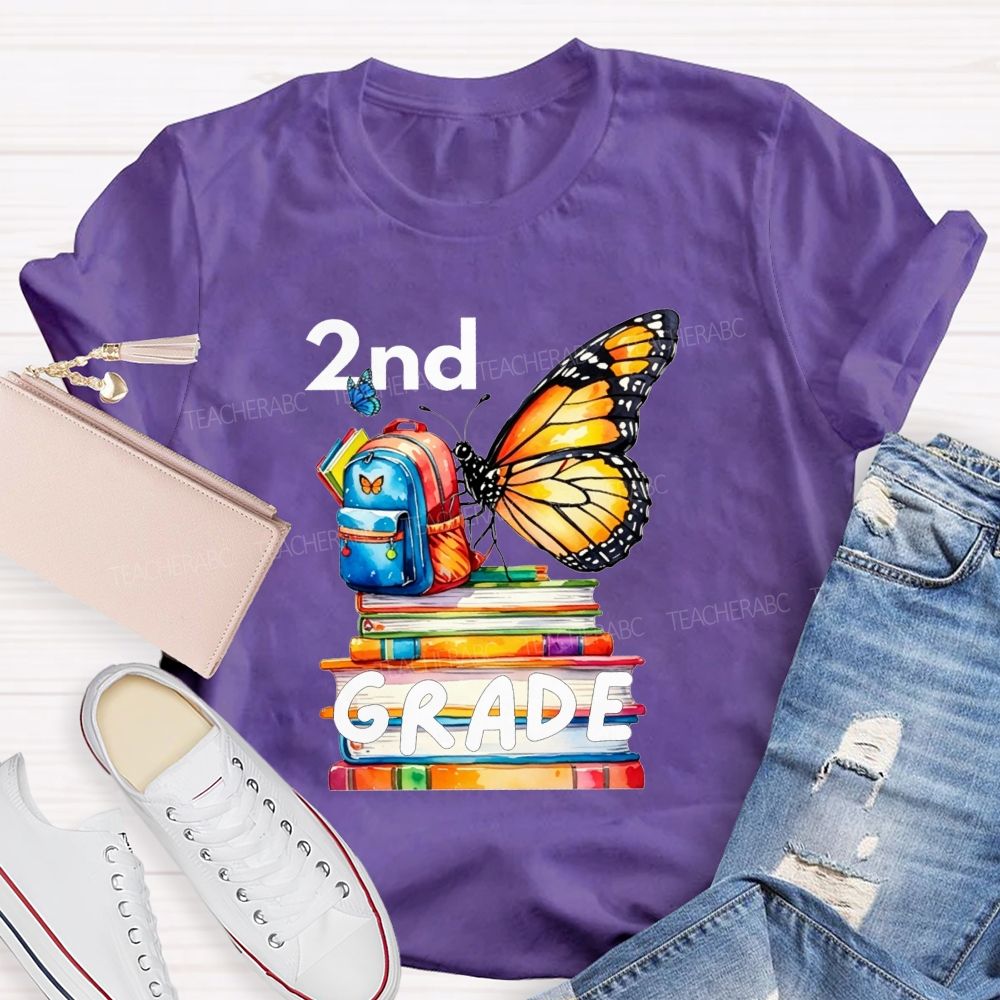 Personalized Grade Growing Into Second Grade Butterfly Vibes Teacher T-shirt