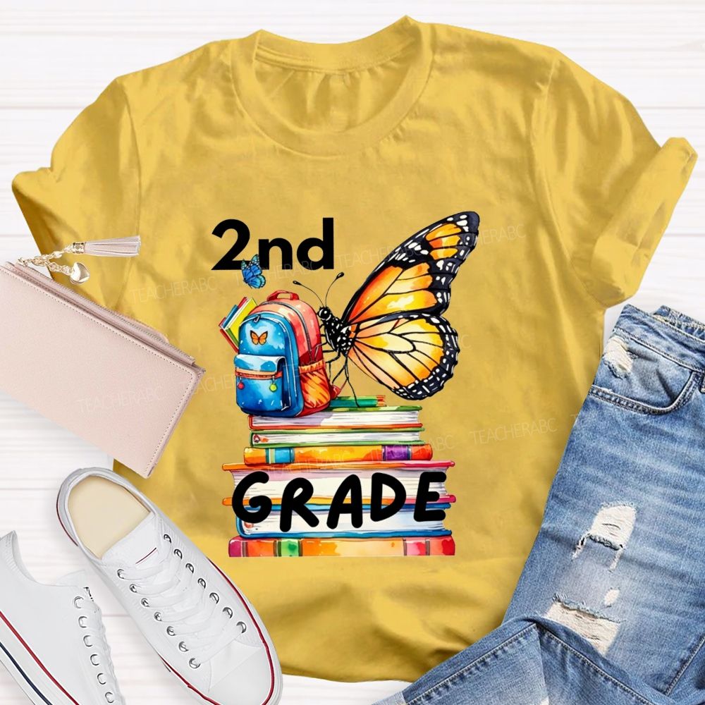Personalized Grade Growing Into Second Grade Butterfly Vibes Teacher T-shirt