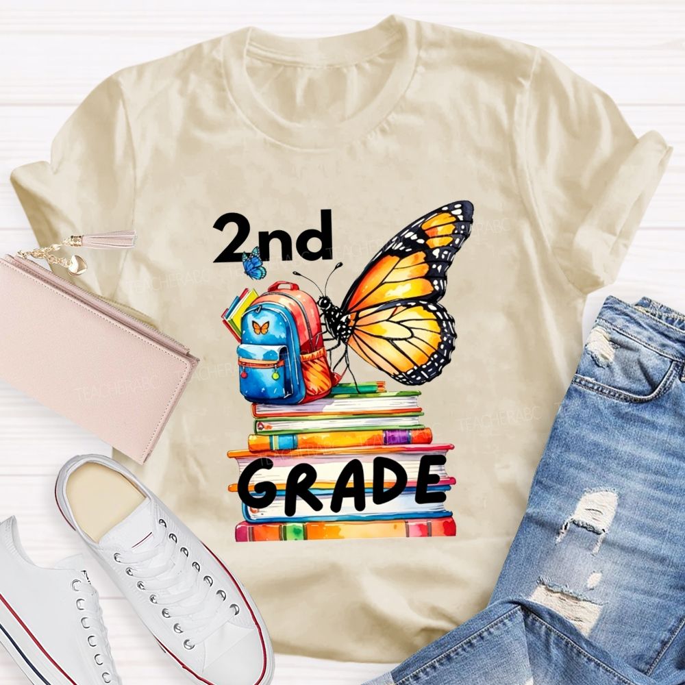 Personalized Grade Growing Into Second Grade Butterfly Vibes Teacher T-shirt