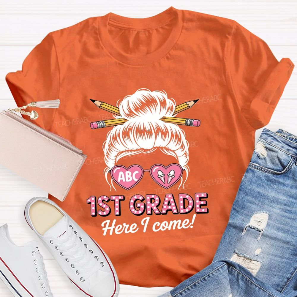 Personalized Grade 1st Grade Here I Come Heart Glasses Teacher T-shirt