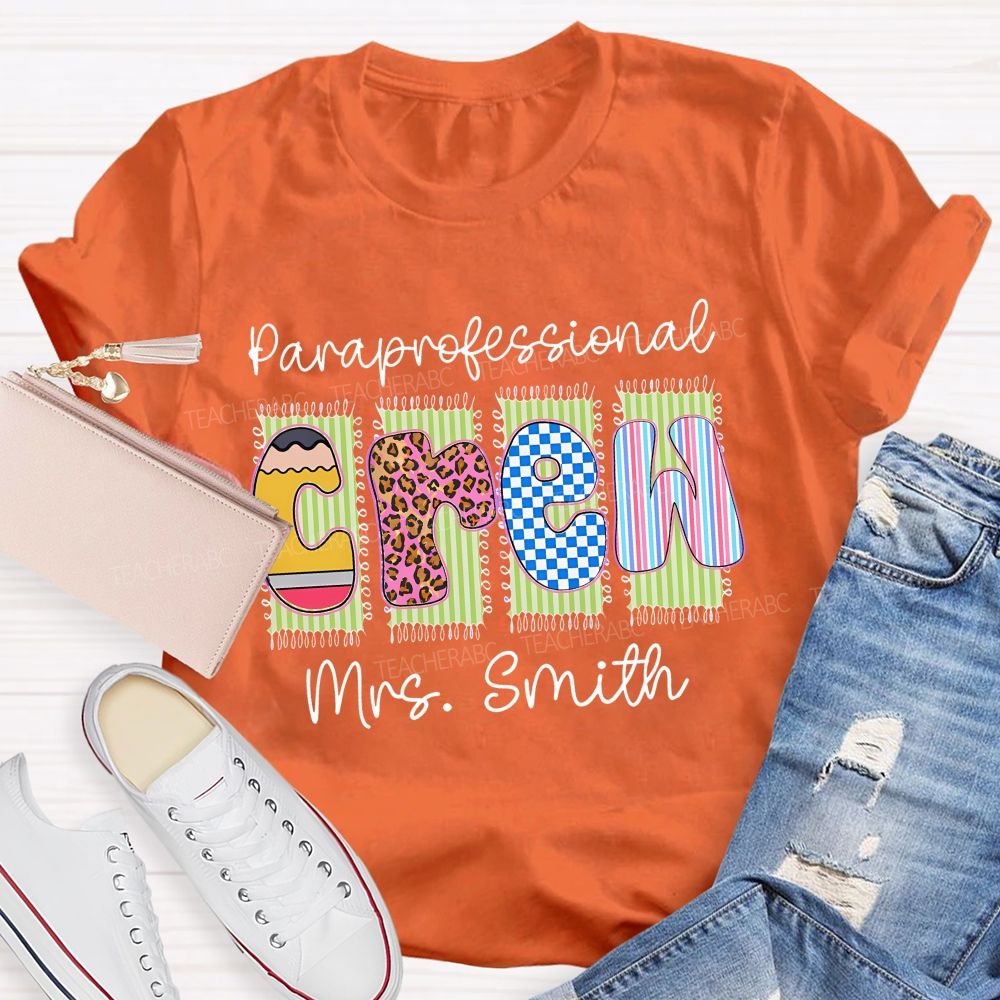 Personalized  Name Paraprofessional Crew Leopard Printed Teacher T-Shirt