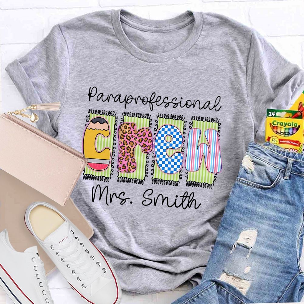 Personalized  Name Paraprofessional Crew Leopard Printed Teacher T-Shirt