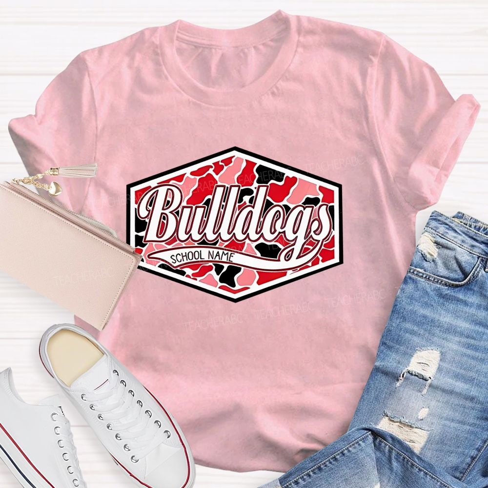 Personalized Mascot And School Name  Red And Black Leopard Print Color-Blocking Teacher T-Shirt