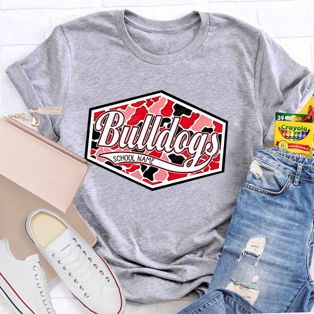 Personalized Mascot And School Name  Red And Black Leopard Print Color-Blocking Teacher T-Shirt