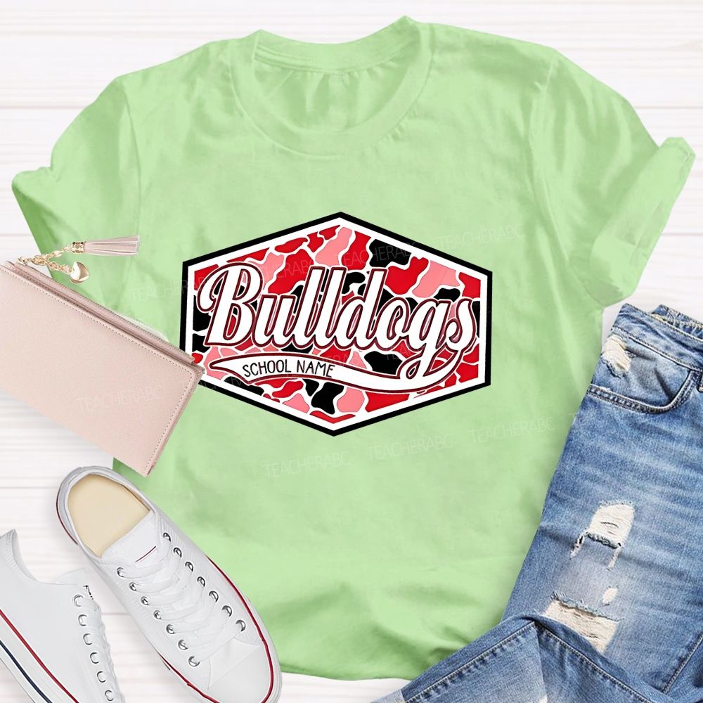 Personalized Mascot And School Name  Red And Black Leopard Print Color-Blocking Teacher T-Shirt