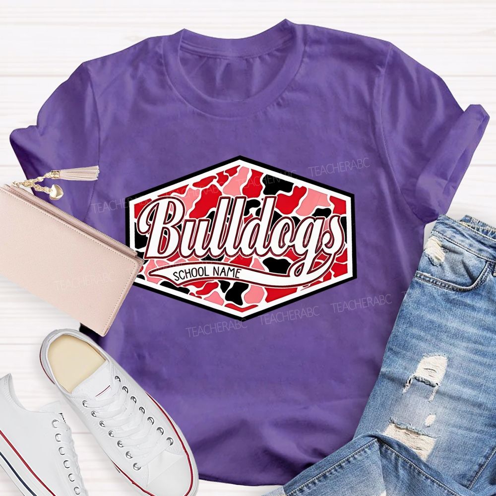Personalized Mascot And School Name  Red And Black Leopard Print Color-Blocking Teacher T-Shirt