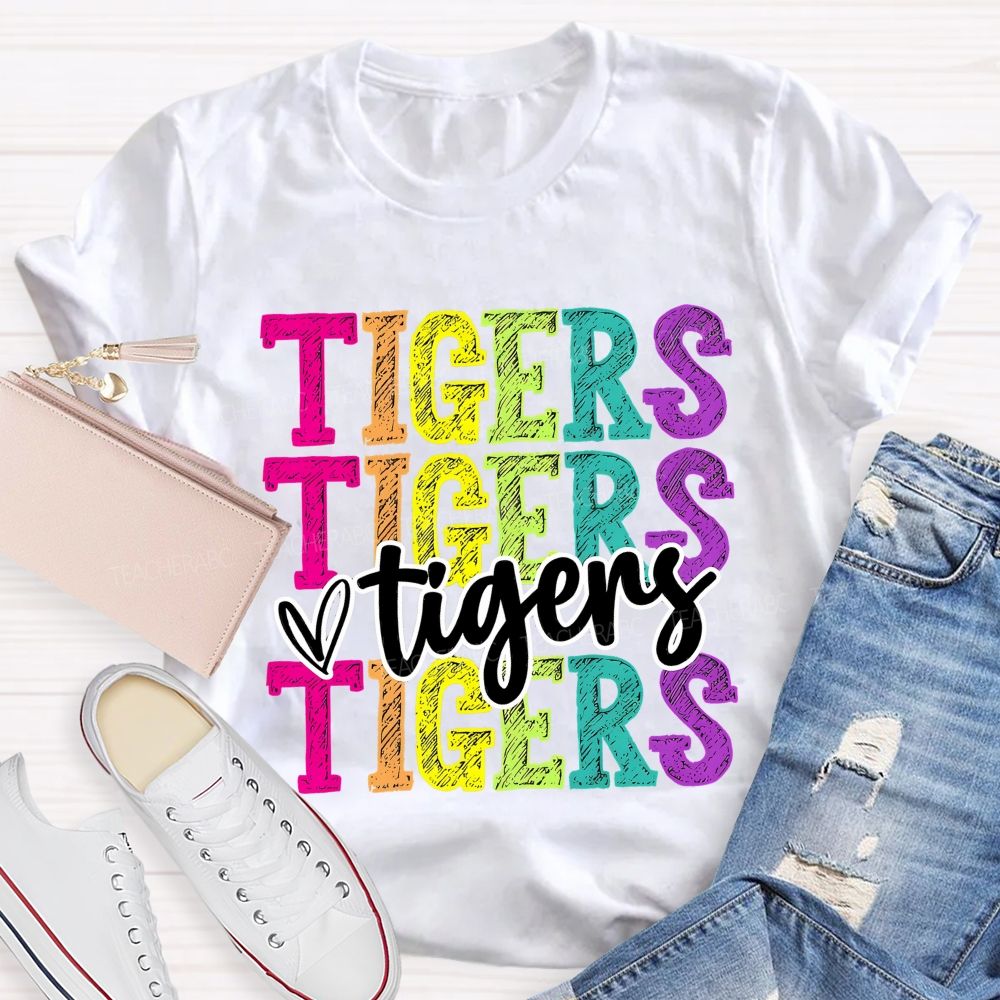 Personalized Mascot Colorful Letters With Heart Teacher T-Shirt