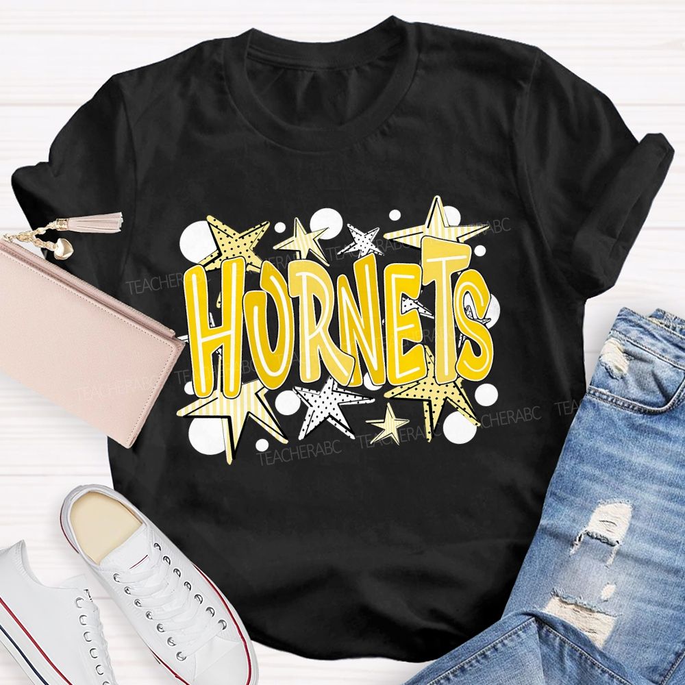 Personalized Mascot Yellow Striped And Polka-Dot Print Teacher T-Shirt