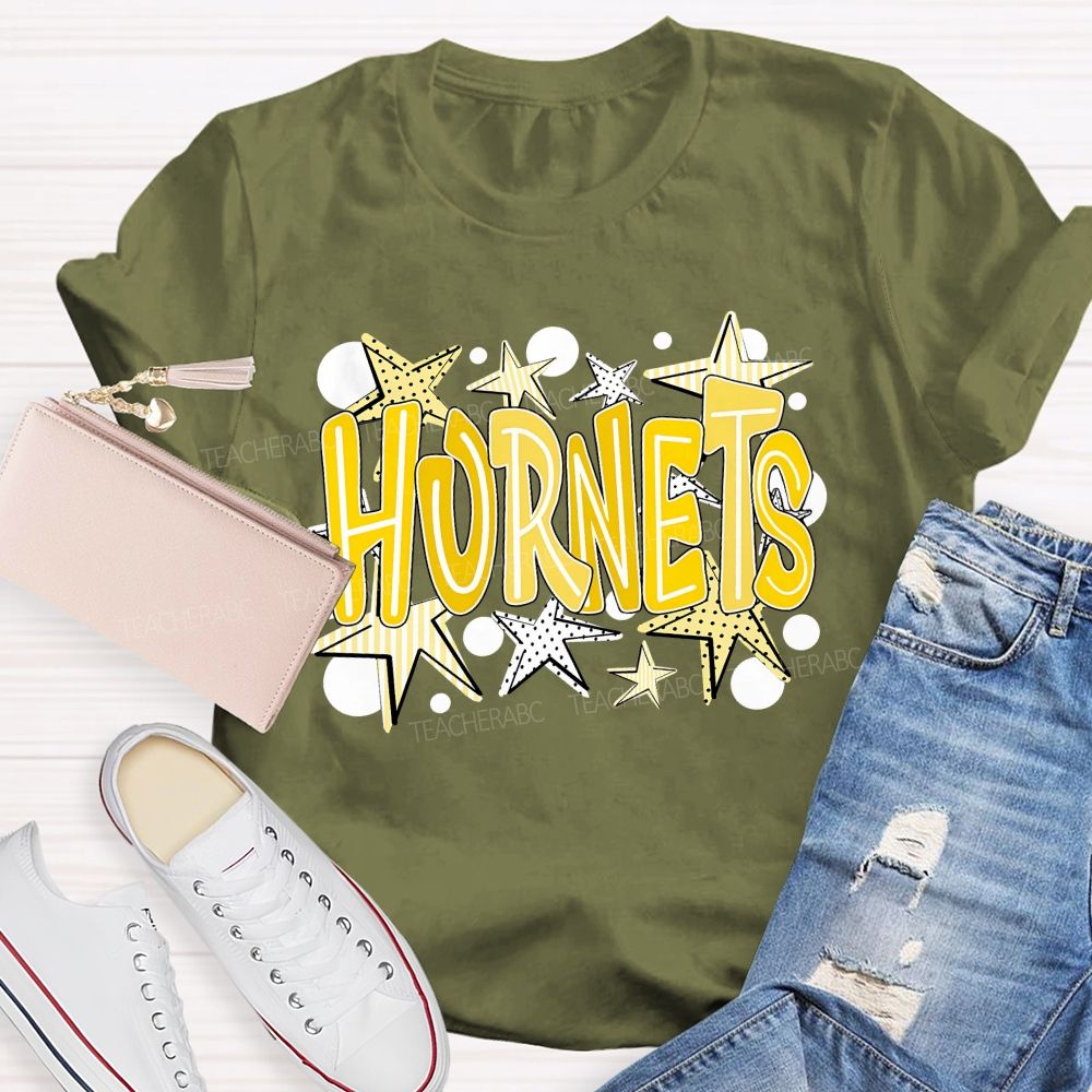 Personalized Mascot Yellow Striped And Polka-Dot Print Teacher T-Shirt