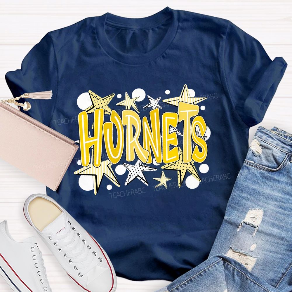 Personalized Mascot Yellow Striped And Polka-Dot Print Teacher T-Shirt