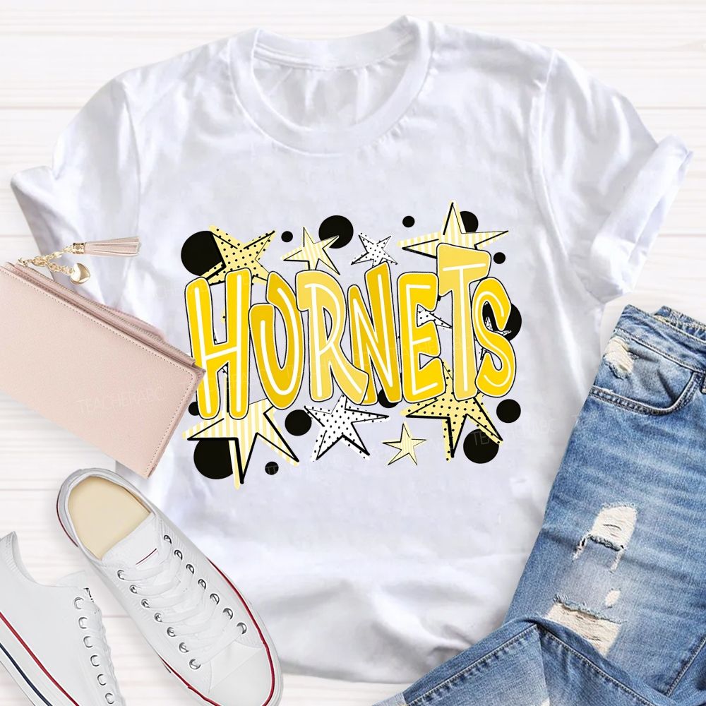 Personalized Mascot Yellow Striped And Polka-Dot Print Teacher T-Shirt