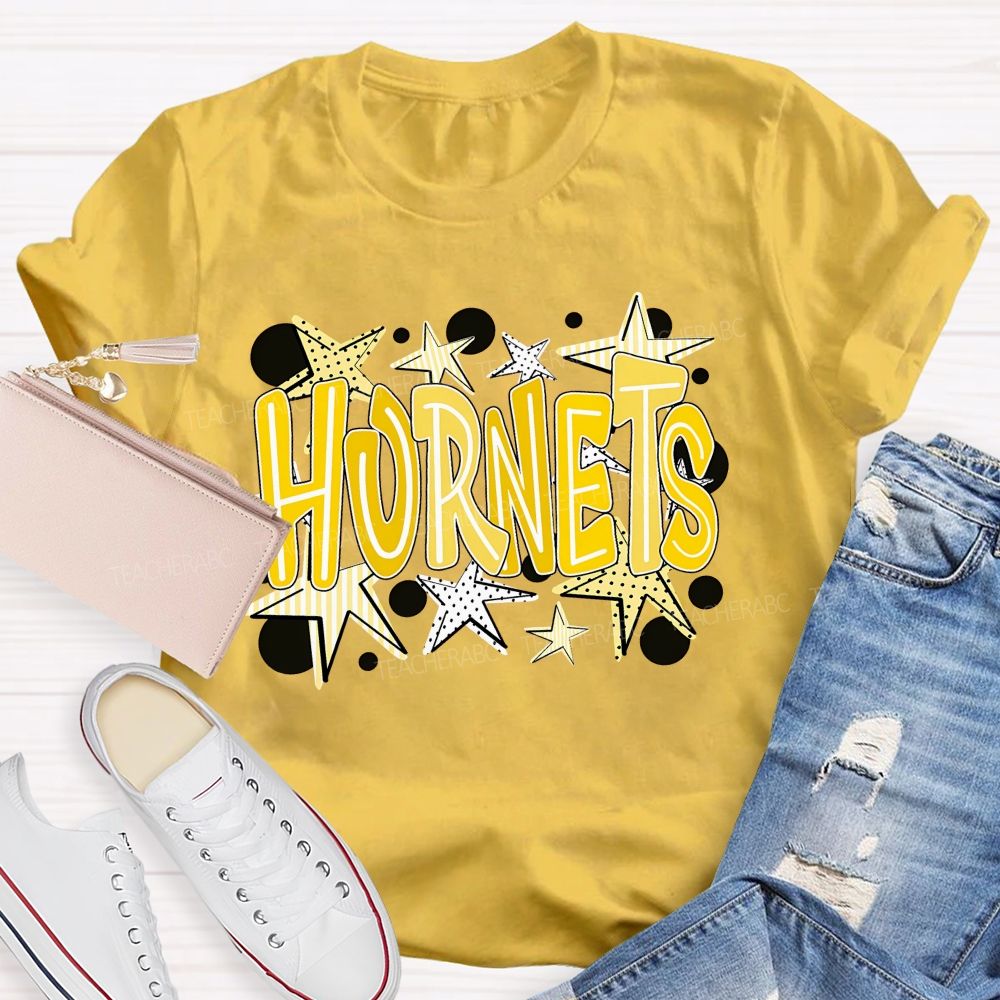 Personalized Mascot Yellow Striped And Polka-Dot Print Teacher T-Shirt