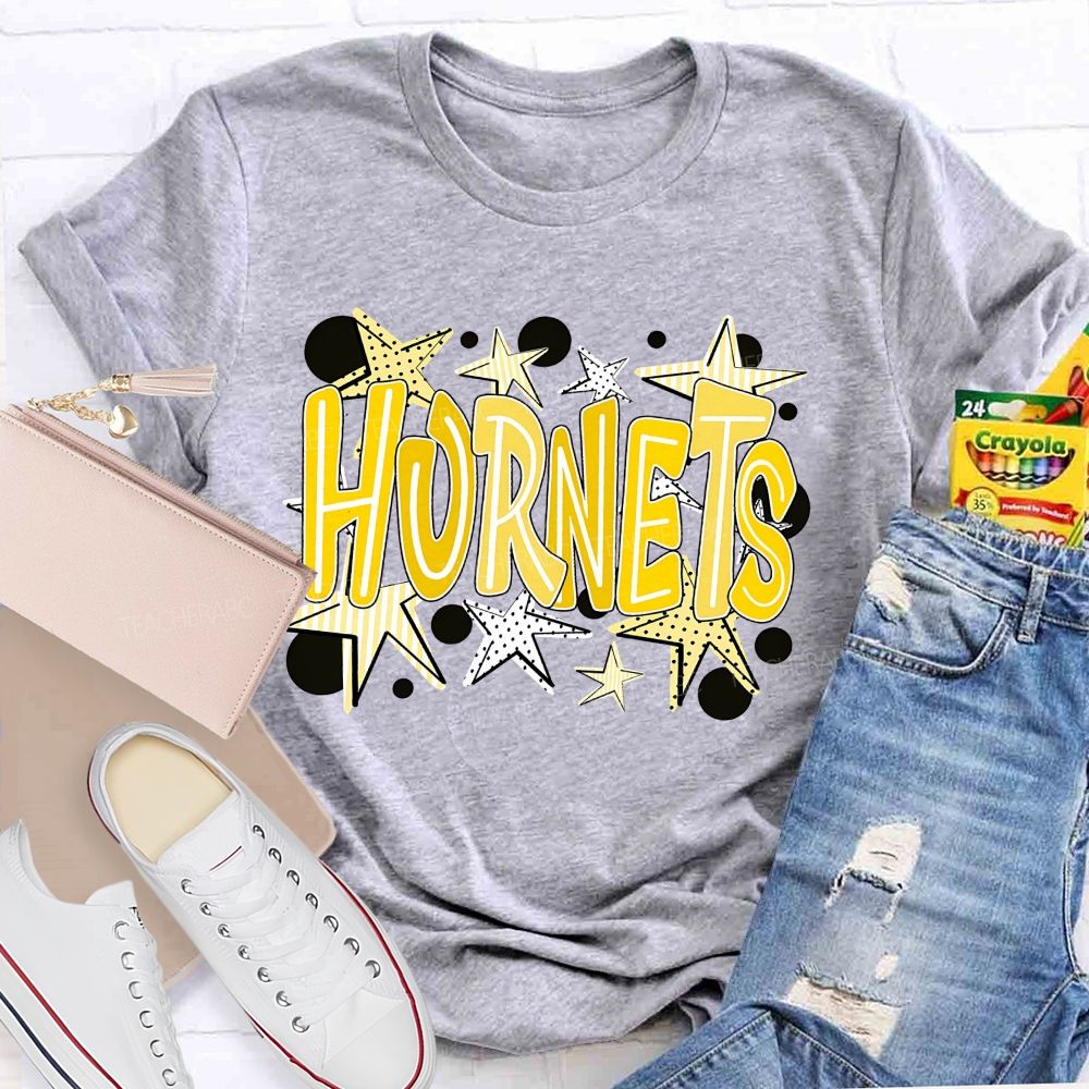 Personalized Mascot Yellow Striped And Polka-Dot Print Teacher T-Shirt