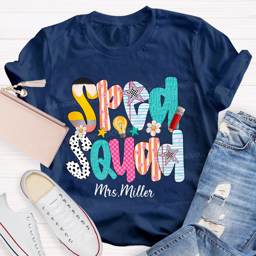Personalized Name Sped Squad Pink Plaid Teacher T-Shirt