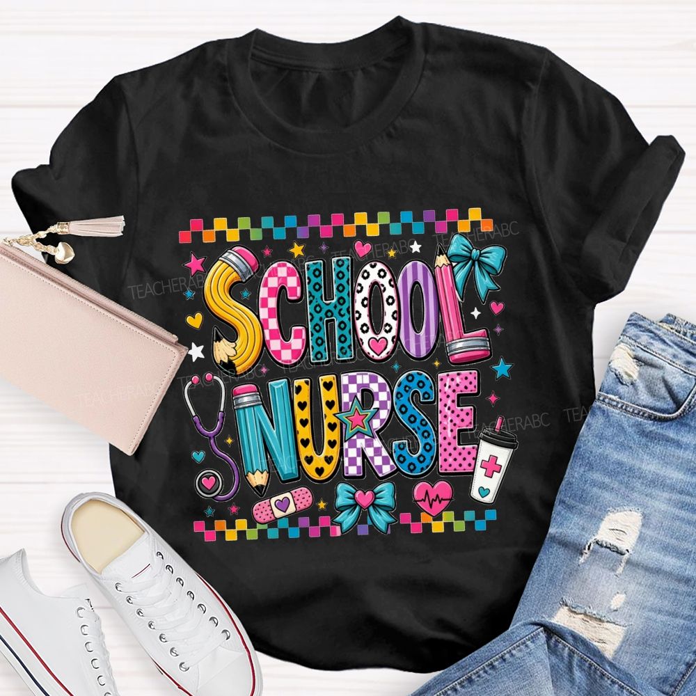 Colorful Doodle School Nurse Color Pencil Stethoscope Coffee T-shirt