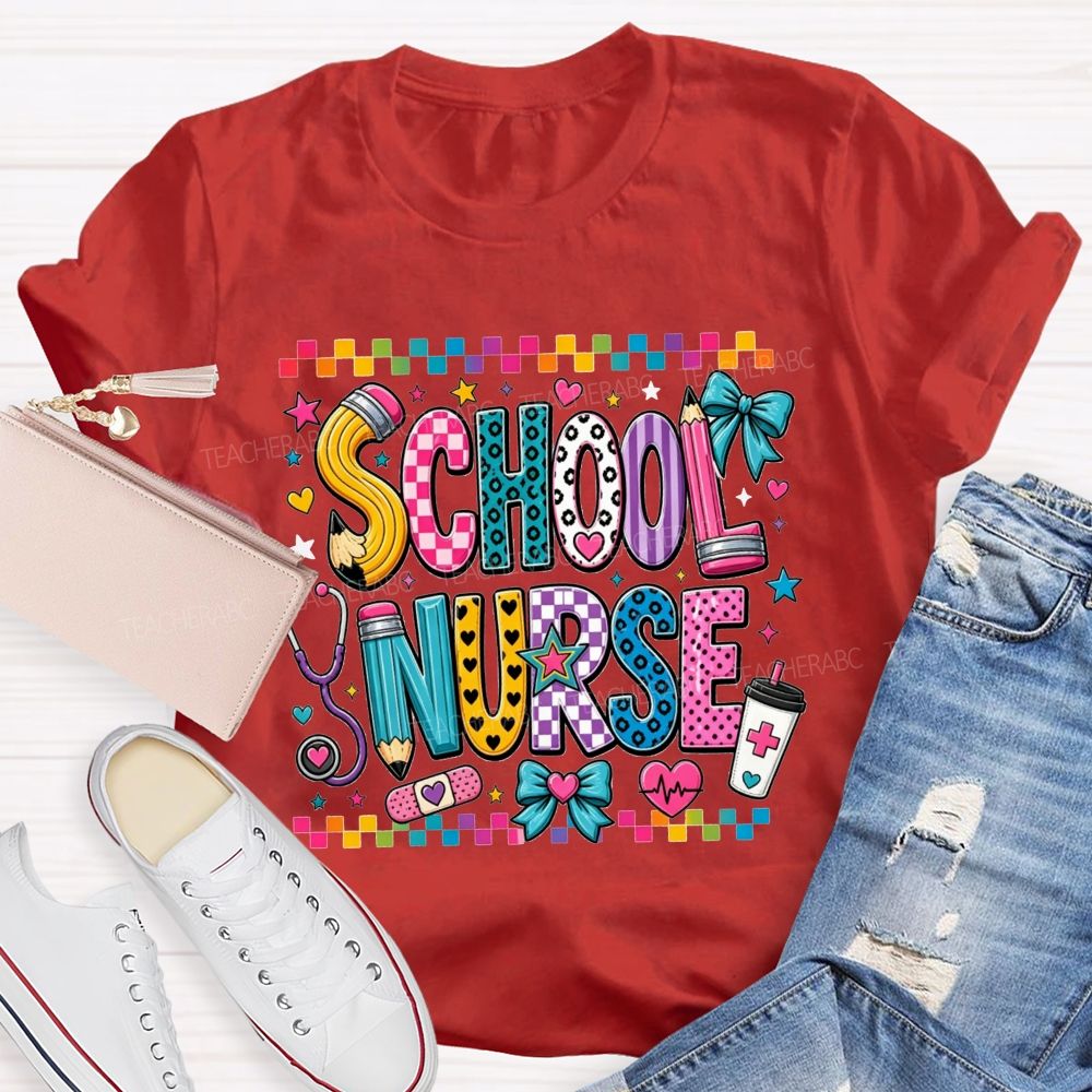 Colorful Doodle School Nurse Color Pencil Stethoscope Coffee T-shirt