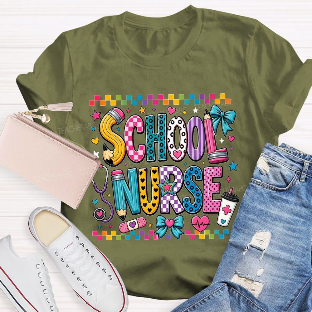 Colorful Doodle School Nurse Color Pencil Stethoscope Coffee T-shirt