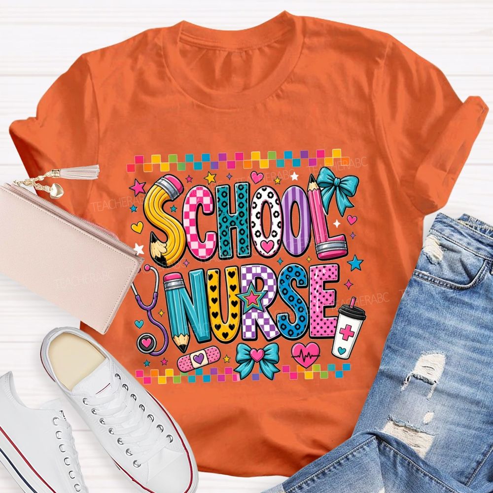 Colorful Doodle School Nurse Color Pencil Stethoscope Coffee T-shirt