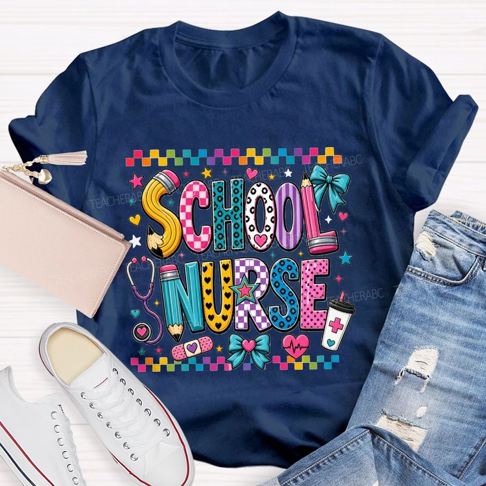 Colorful Doodle School Nurse Color Pencil Stethoscope Coffee T-shirt