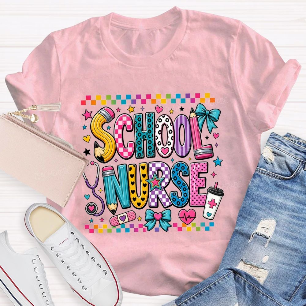 Colorful Doodle School Nurse Color Pencil Stethoscope Coffee T-shirt