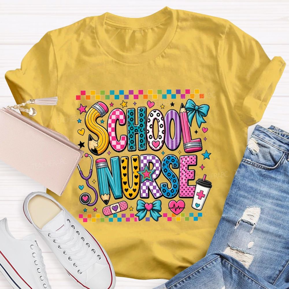 Colorful Doodle School Nurse Color Pencil Stethoscope Coffee T-shirt