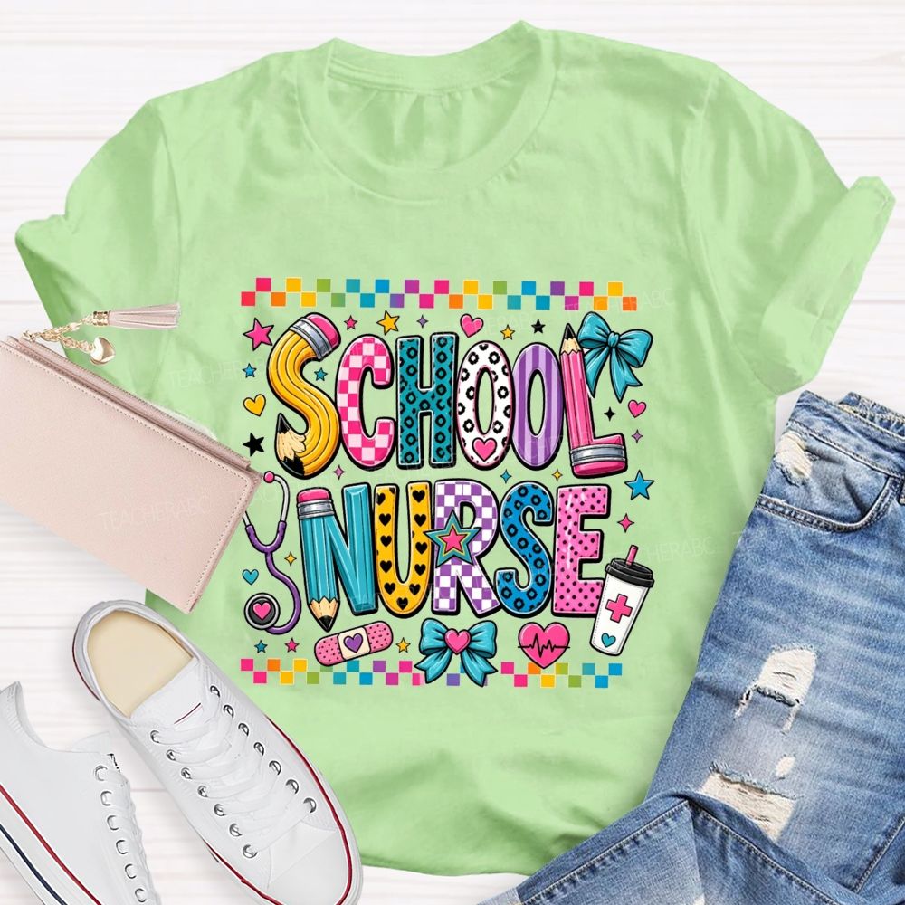 Colorful Doodle School Nurse Color Pencil Stethoscope Coffee T-shirt
