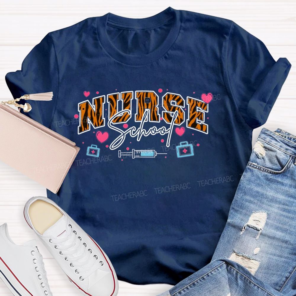 Leopard Varsity Letter School Nurse Pink Heart Medical Doodle T-shirt