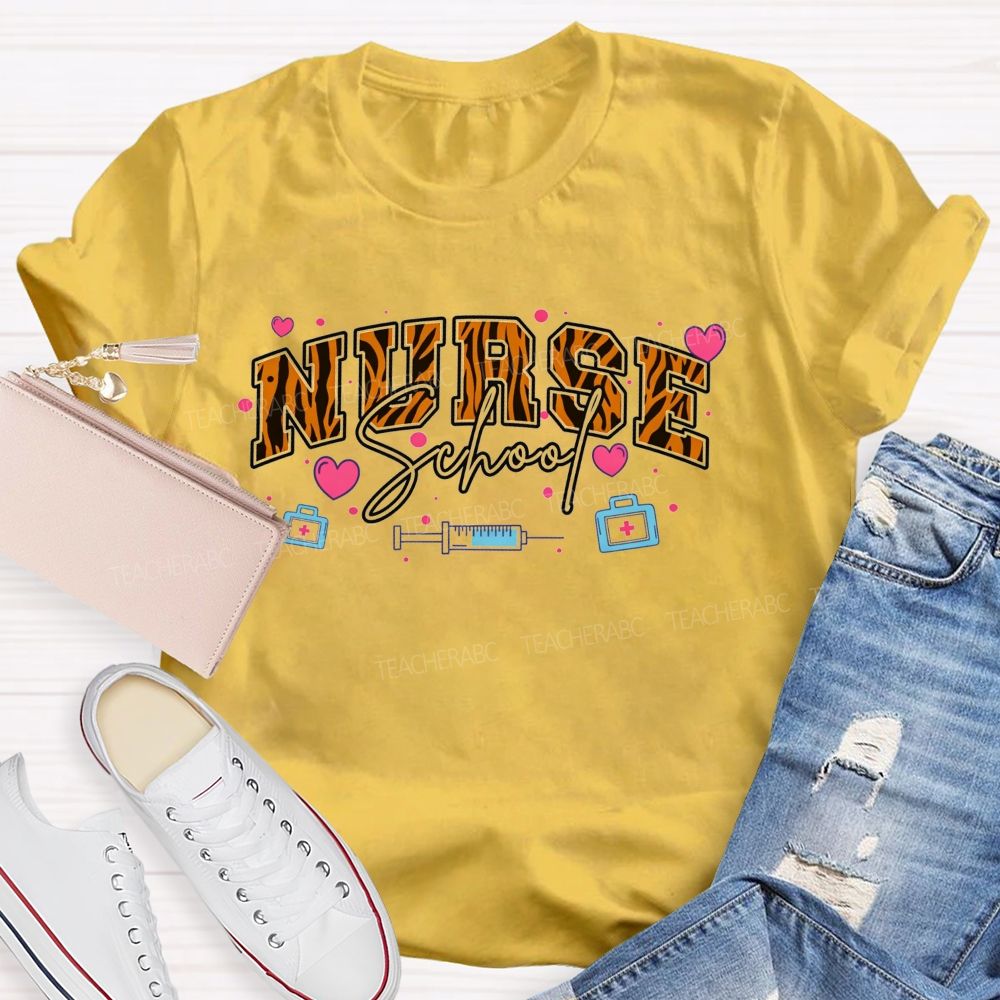 Leopard Varsity Letter School Nurse Pink Heart Medical Doodle T-shirt