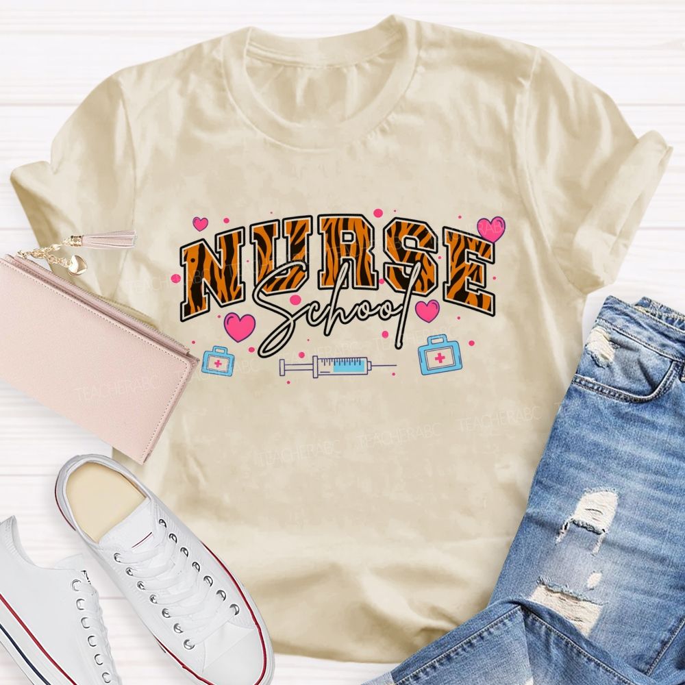 Leopard Varsity Letter School Nurse Pink Heart Medical Doodle T-shirt