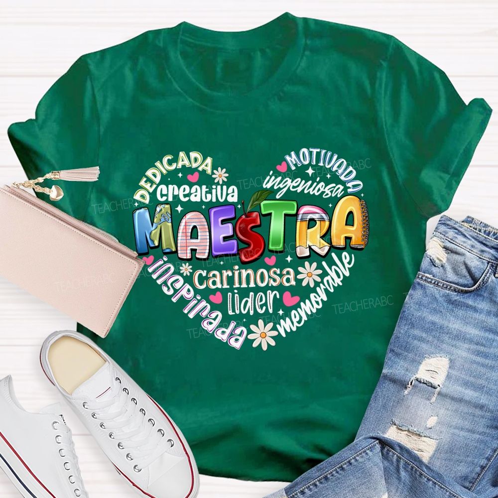 Colorful Doodle Maestra Heart Bilingual Teacher T-shirt