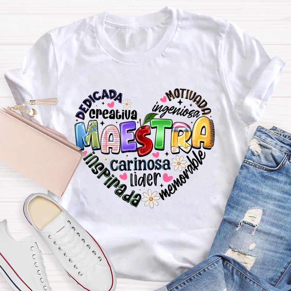 Colorful Doodle Maestra Heart Bilingual Teacher T-shirt