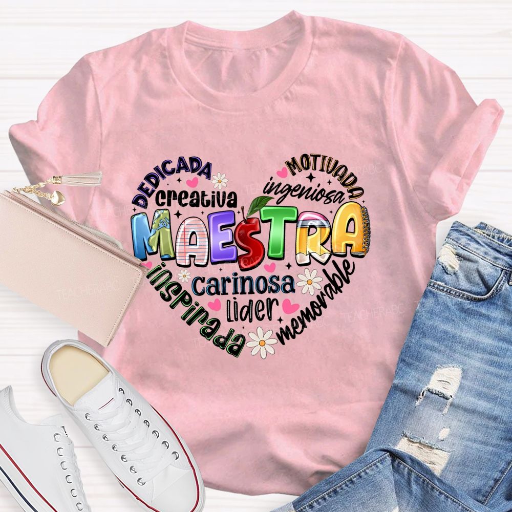 Colorful Doodle Maestra Heart Bilingual Teacher T-shirt