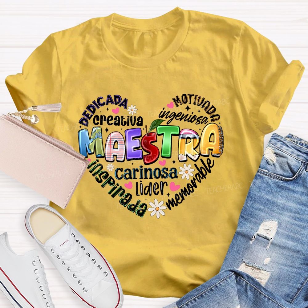 Colorful Doodle Maestra Heart Bilingual Teacher T-shirt