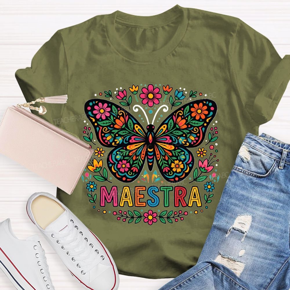 Vibrant Floral Marigold Butterfly Maestra Teacher T-shirt