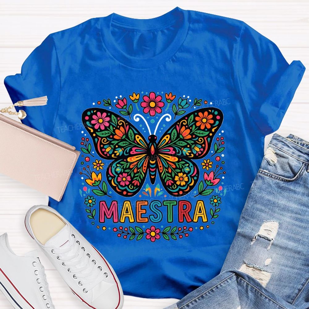 Vibrant Floral Marigold Butterfly Maestra Teacher T-shirt