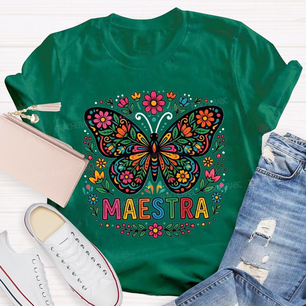 Vibrant Floral Marigold Butterfly Maestra Teacher T-shirt