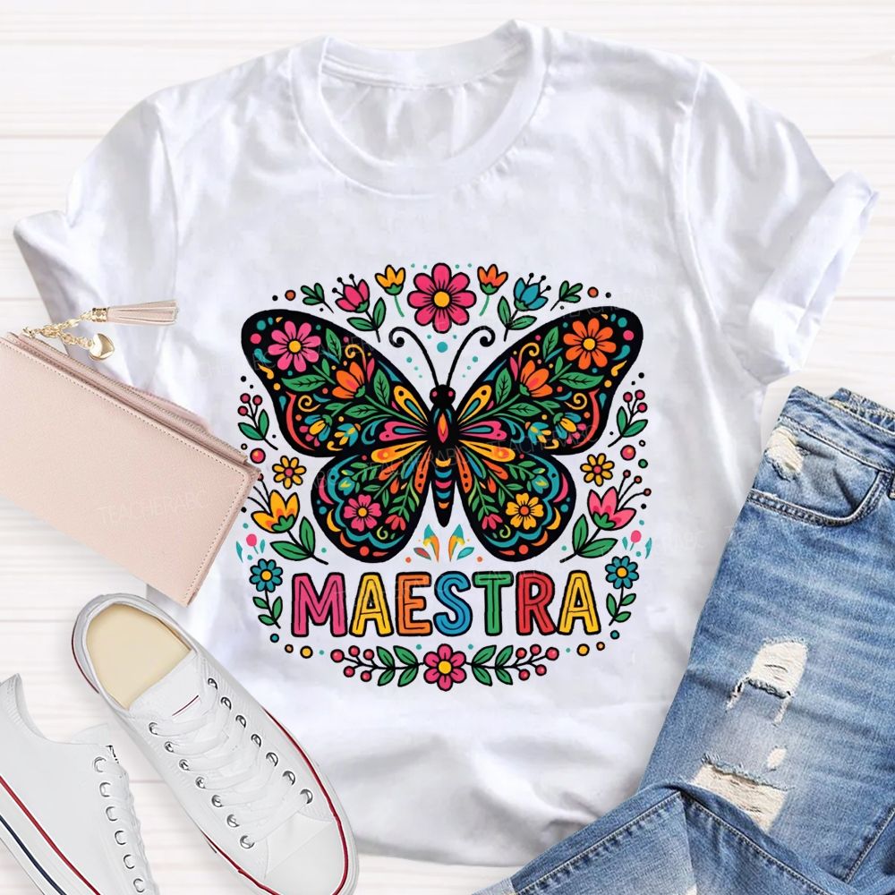 Vibrant Floral Marigold Butterfly Maestra Teacher T-shirt