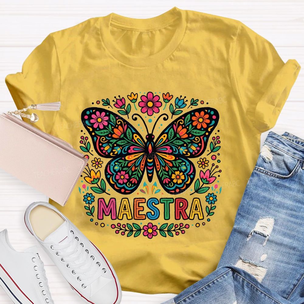 Vibrant Floral Marigold Butterfly Maestra Teacher T-shirt