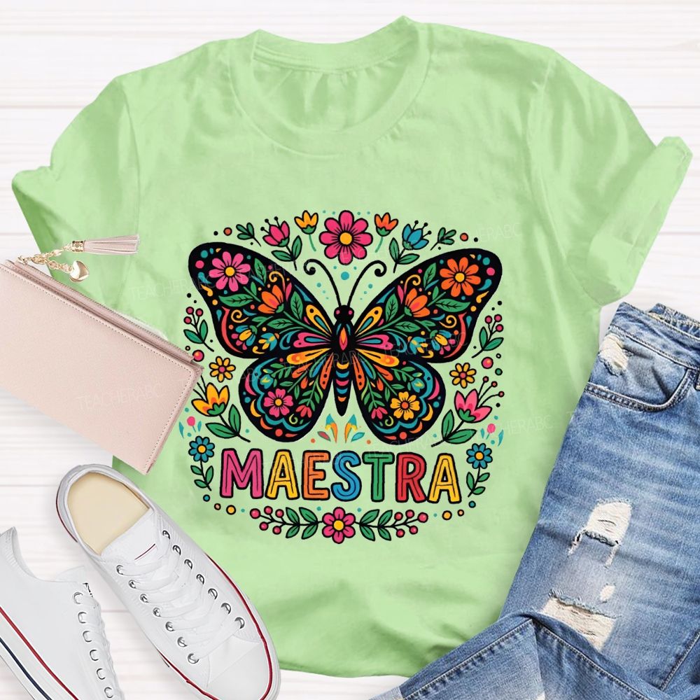 Vibrant Floral Marigold Butterfly Maestra Teacher T-shirt