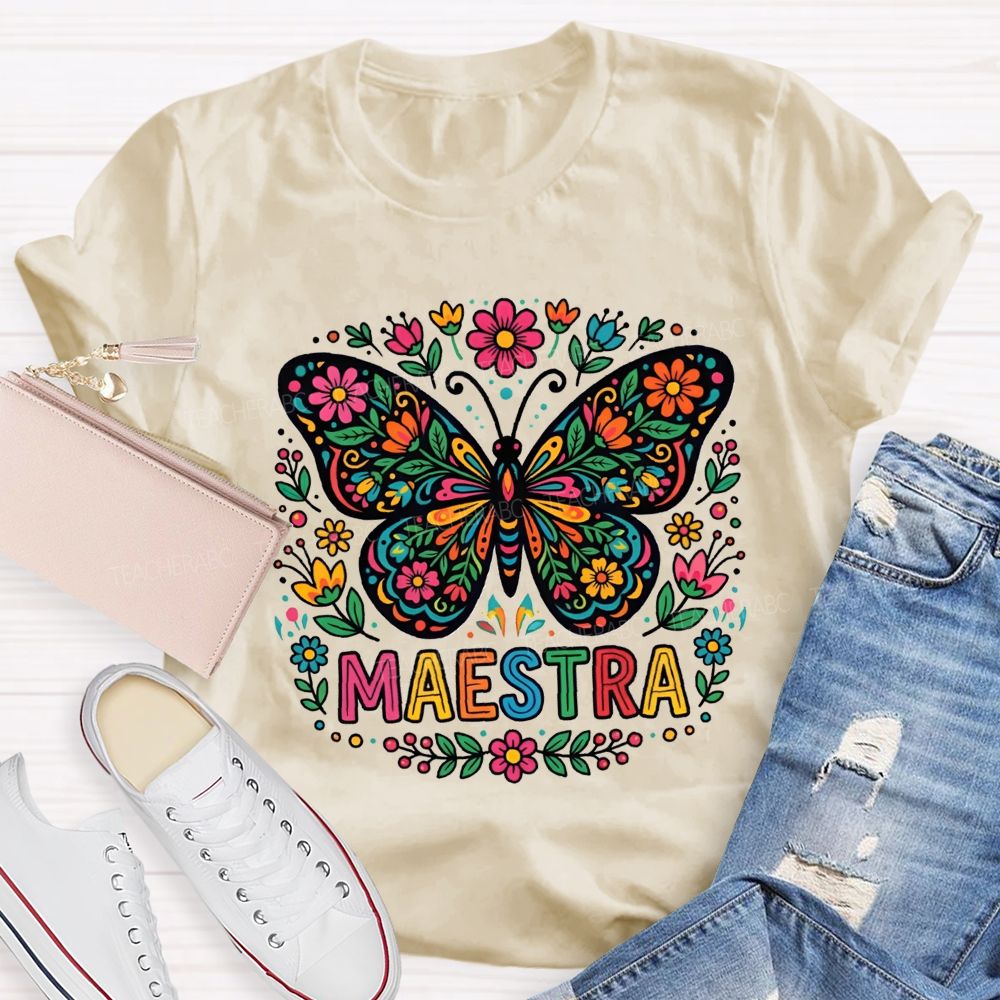 Vibrant Floral Marigold Butterfly Maestra Teacher T-shirt
