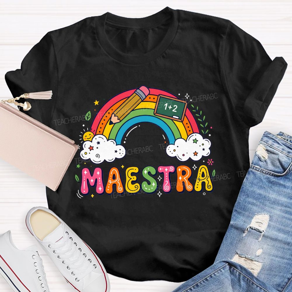 Rainbow Doodle Maestra Bilingual Teacher T-shirt