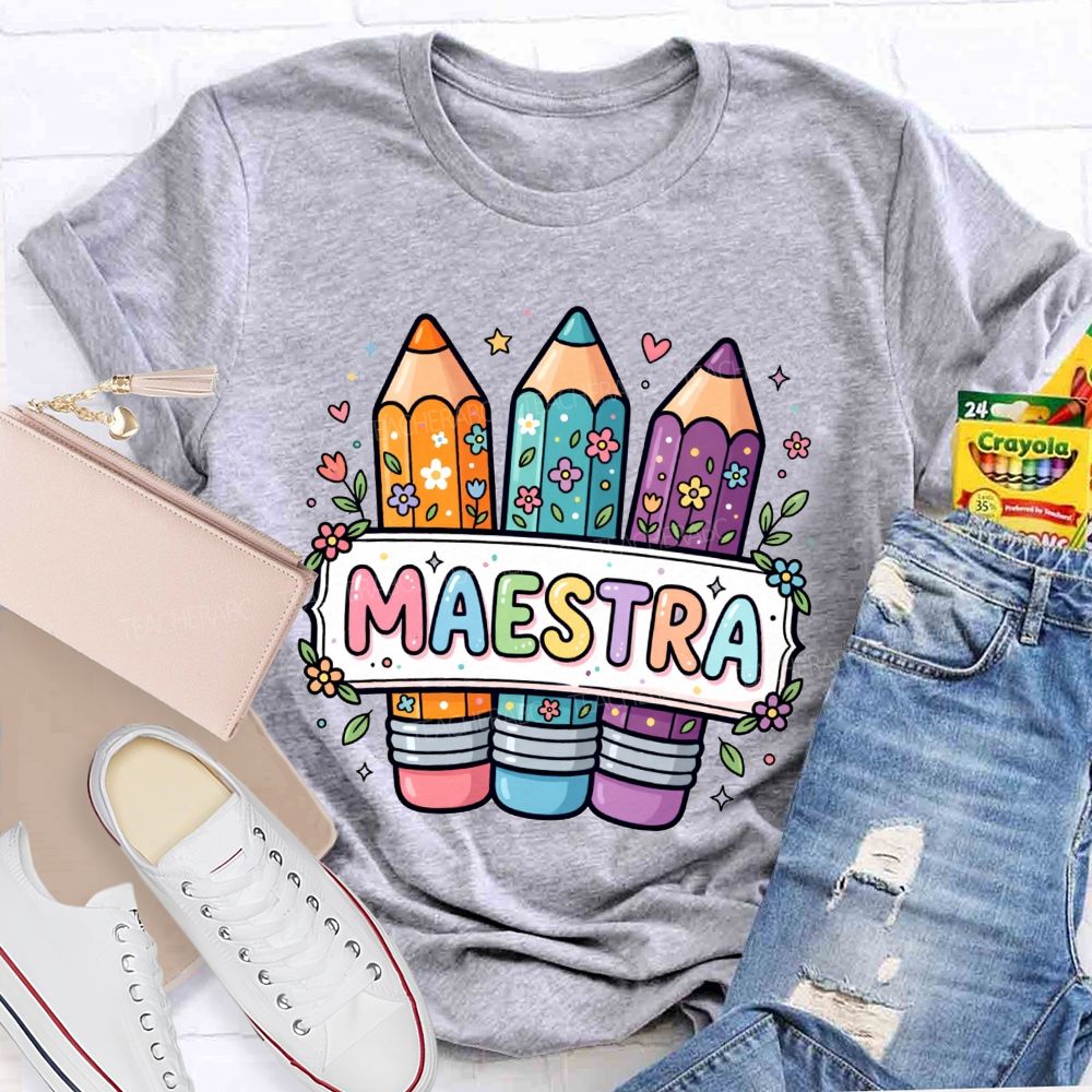 Maestra Life Floral Colored Rainbow Pencil Teacher T-shirt