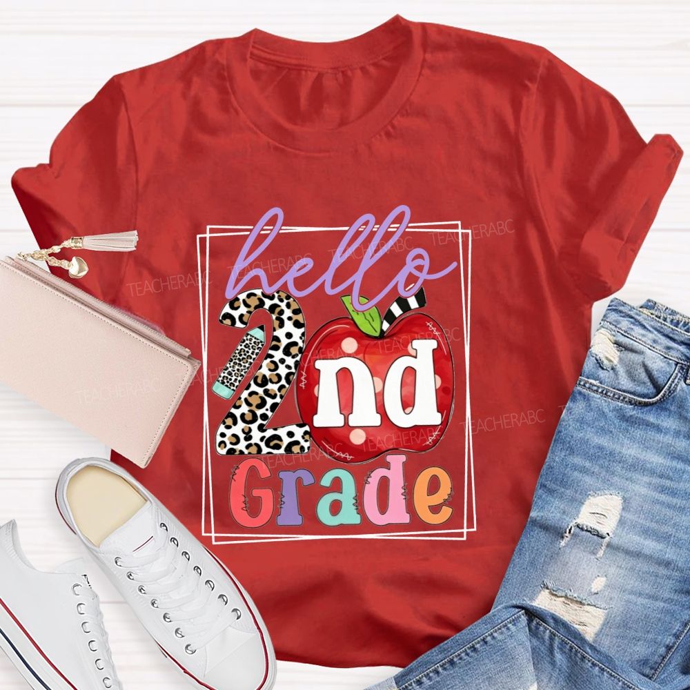 Personalized Grade Hello 2nd Grade Leopard-Print Numbers And Apples Teacher T-shirt