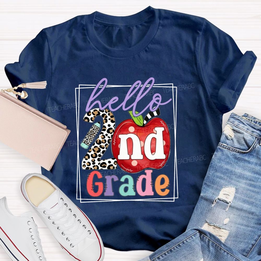 Personalized Grade Hello 2nd Grade Leopard-Print Numbers And Apples Teacher T-shirt