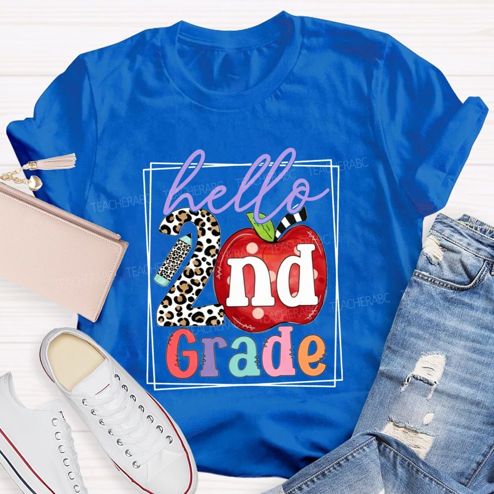 Personalized Grade Hello 2nd Grade Leopard-Print Numbers And Apples Teacher T-shirt