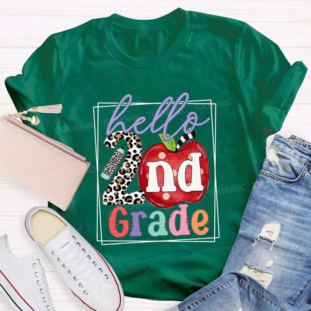 Personalized Grade Hello 2nd Grade Leopard-Print Numbers And Apples Teacher T-shirt